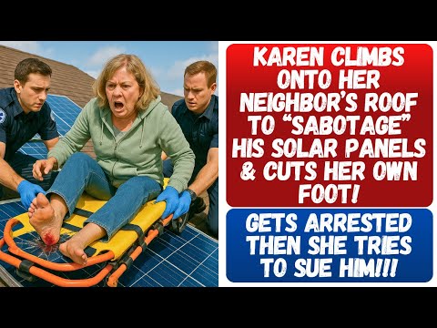 KAREN CLIMBS ONTO HER NEIGHBOR’S ROOF TO “SABOTAGE” HIS SOLAR PANELS & CUTS HER OWN FOOT AND WAILS!!